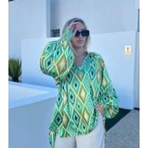She + Sky Blouse Size L, Long Sleeve, Tunic Green/Yellow
